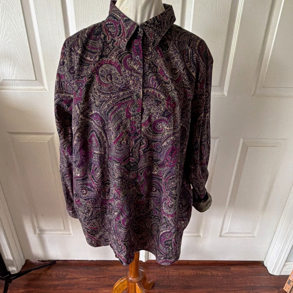Womens Plus 3X Purple Paisley Cotton No Iron Button Up Shirt Houndstooth Chaps